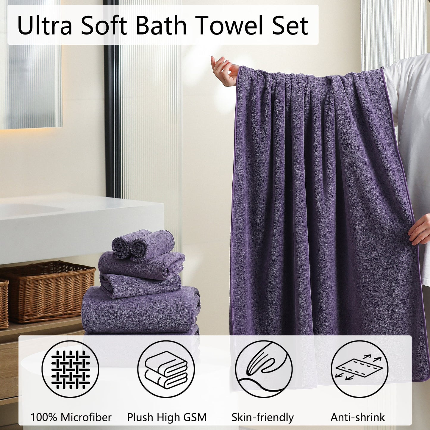 8-Piece Oversized Plush Towel Set – 700 GSM Soft & Cozy, Dark Purple