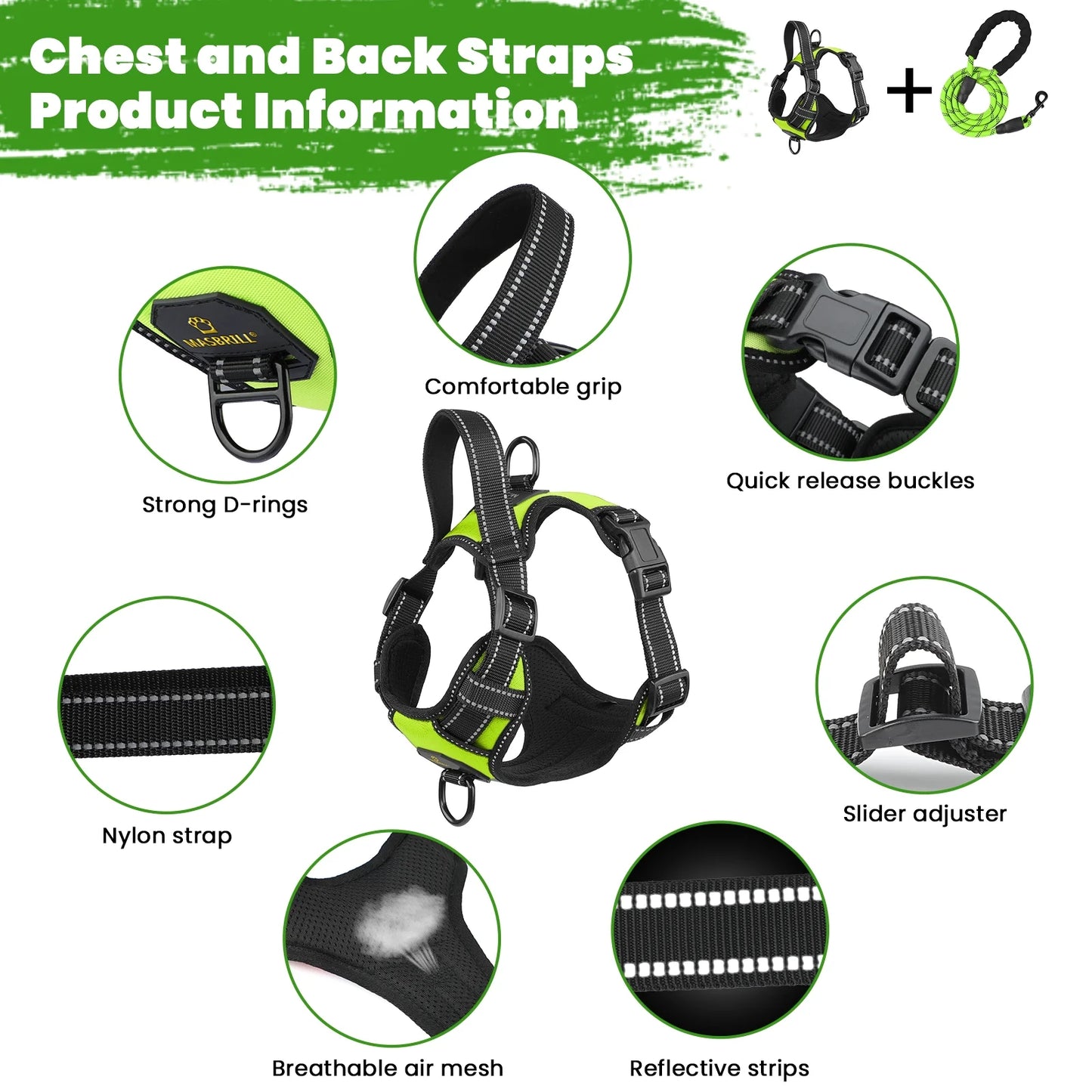 Dog Harness & Leash Set – No-Pull Reflective Adjustable Padded Vest Harness with Handle for Small to Large Dogs