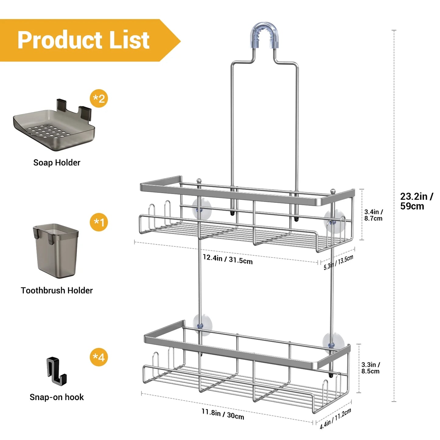 Over-Shower-Head Caddy – Stainless Steel Bathroom Organizer with Soap Holder, Hooks & Toothbrush Holder, Gray