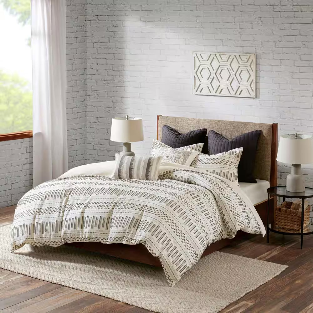 Rhea 3-Piece Ivory & Charcoal Cotton Comforter Set – King/California King