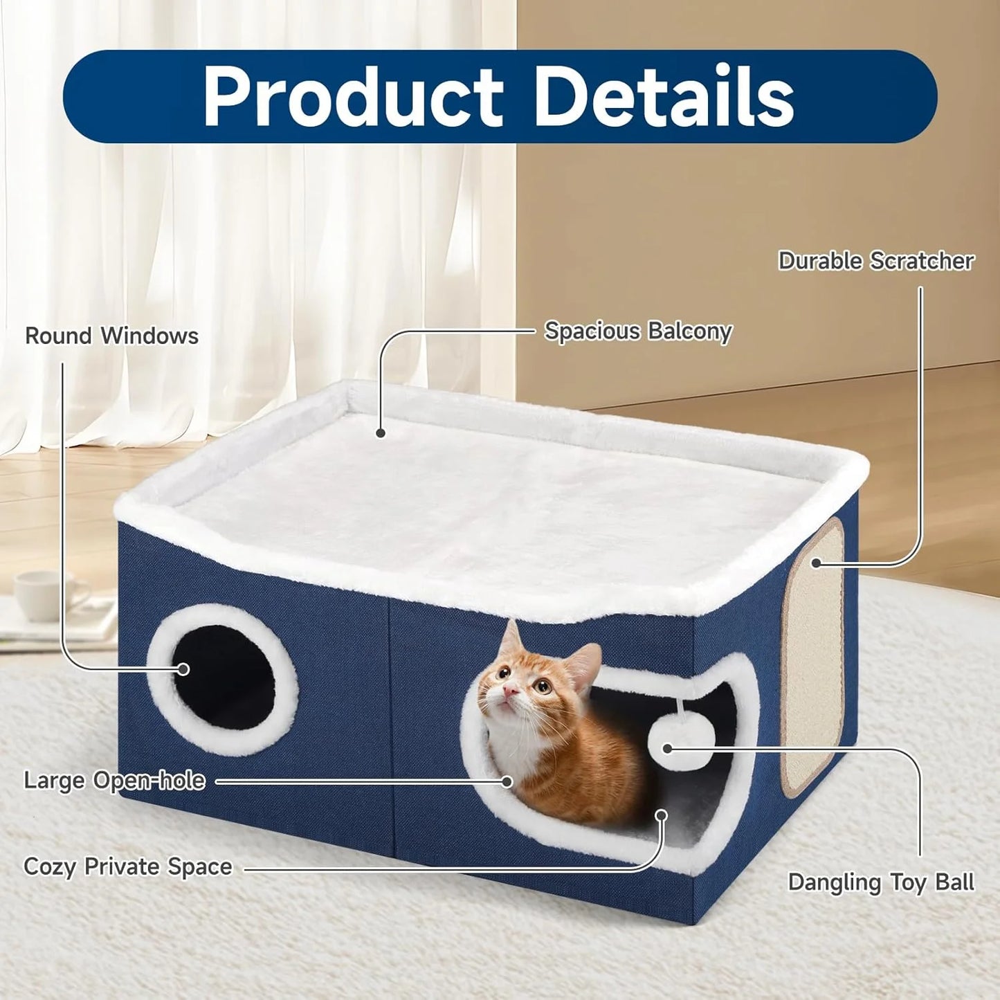 Extra-Large Indoor Cat Bed – Foldable Cat Cave with Scratch Pad & Hanging Ball, Blue