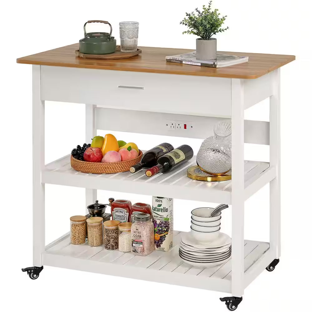 Kitchen Island Cart on Wheels – 40" Rolling Utility Cart with Power Strip & White Wood Shelves