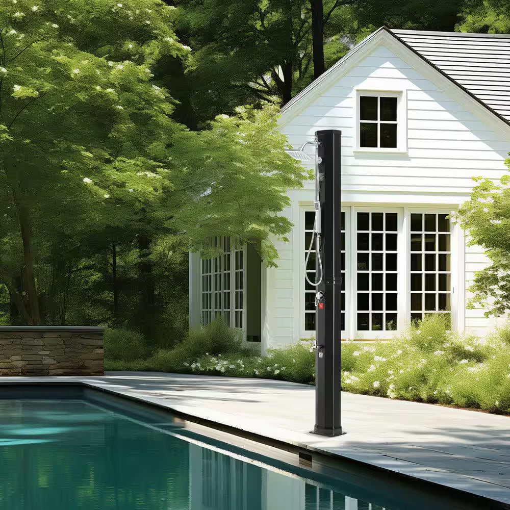 Outdoor Solar Heated Shower – 10.57 Gal Poolside Shower Kit with Dual Shower Heads & Foot Tap, Handheld & Hanging