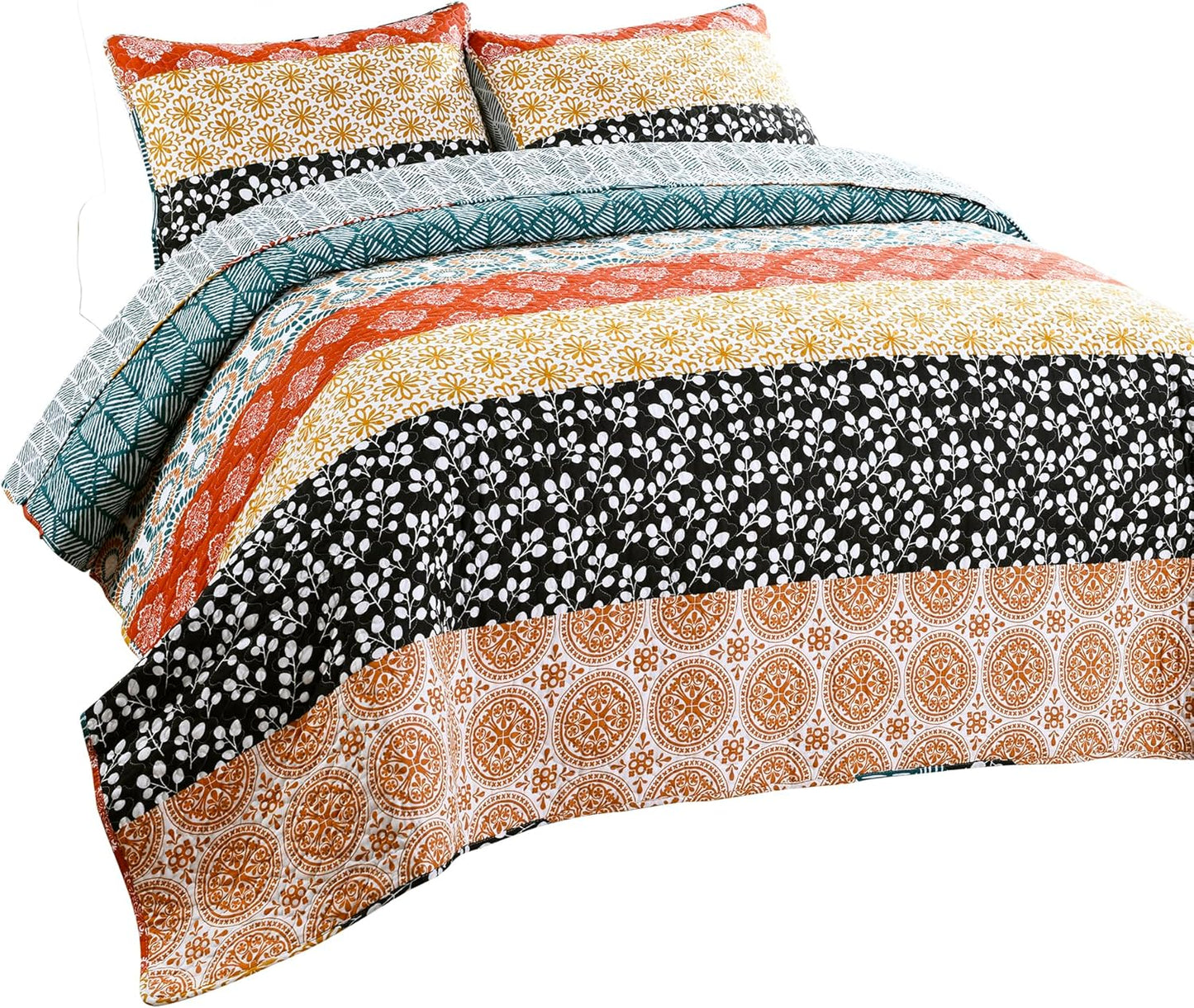 Bohemian Stripe Reversible Cotton Quilt Set – 3 Piece Full/Queen, Turquoise & Orange