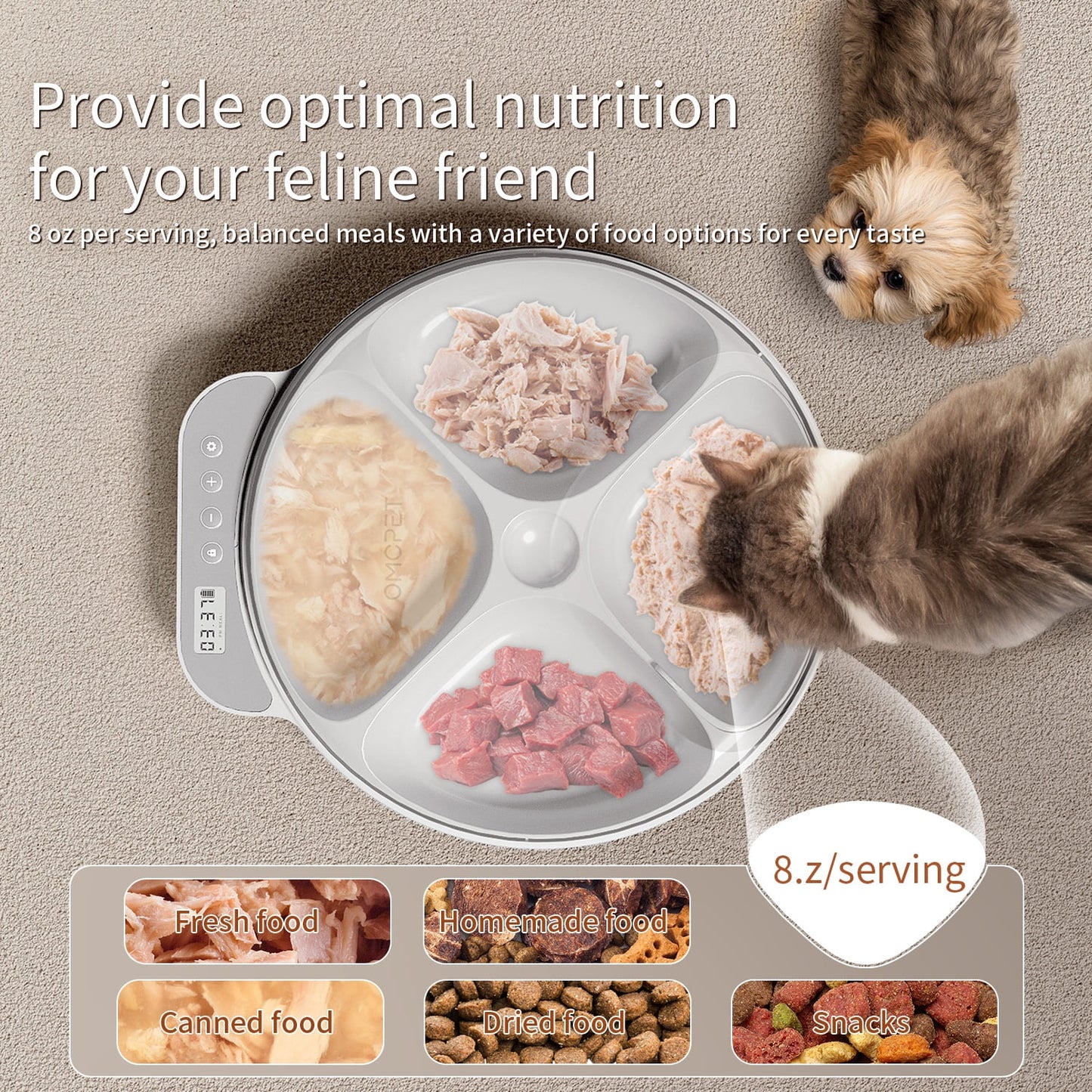 Automatic Cat Feeder – Refrigerated Wet & Dry Food Dispenser with 4 Timed Meals, 2 Ice Packs, White