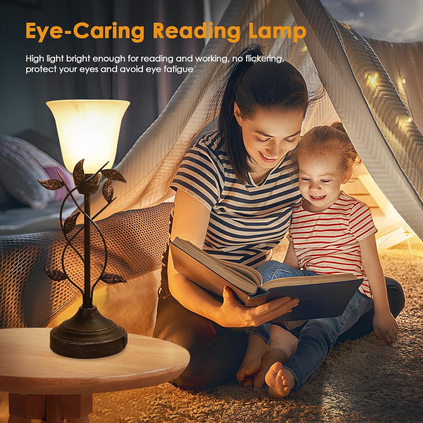 Set of 2 Bedside Table Lamps – 3-Way Dimmable with Touch Control & USB Charging, White Glass Shade, Retro Leaf Design