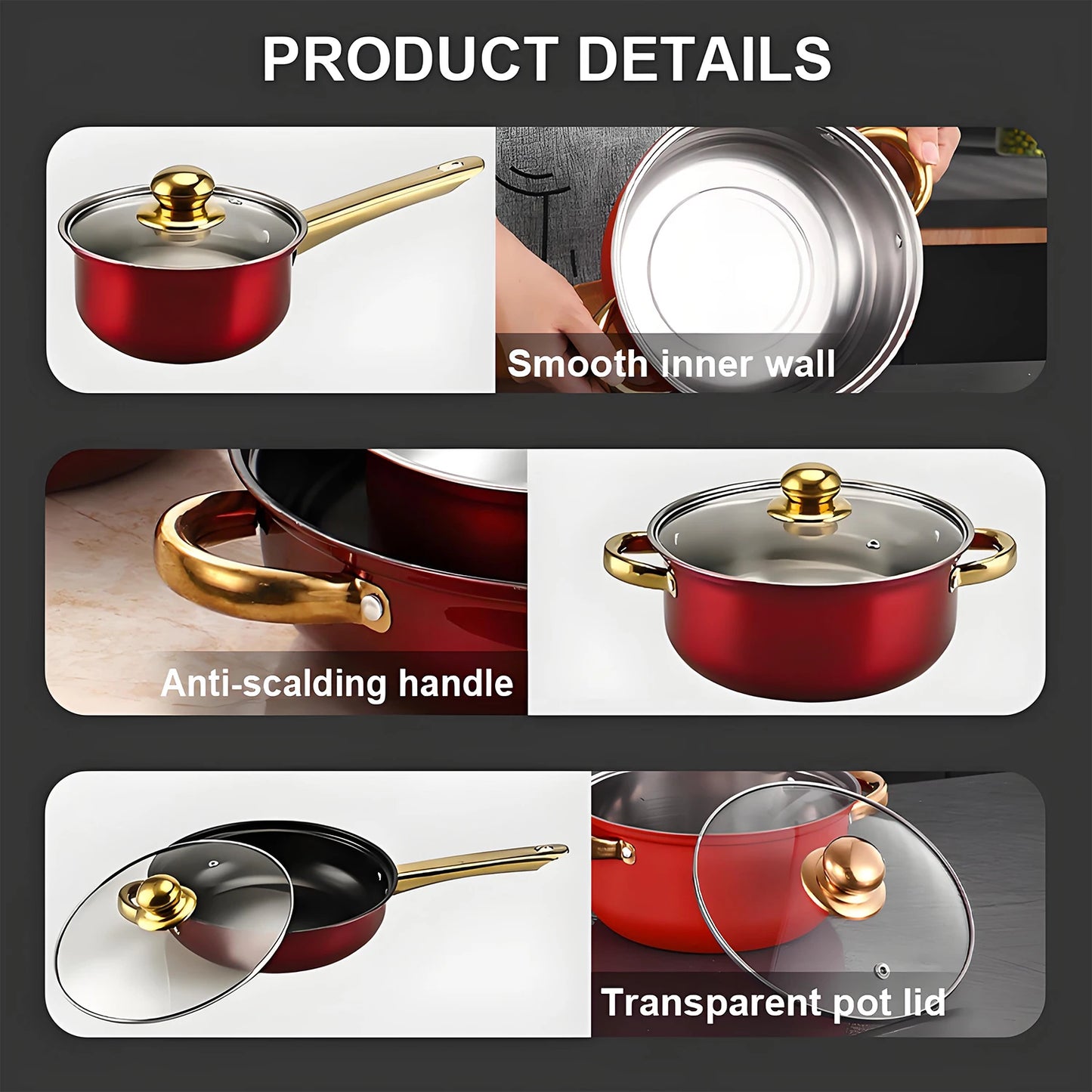 12-Piece Red Stainless Steel Cookware Set – Non-Stick Pots & Pans Collection | Complete Kitchen Cookware Solution