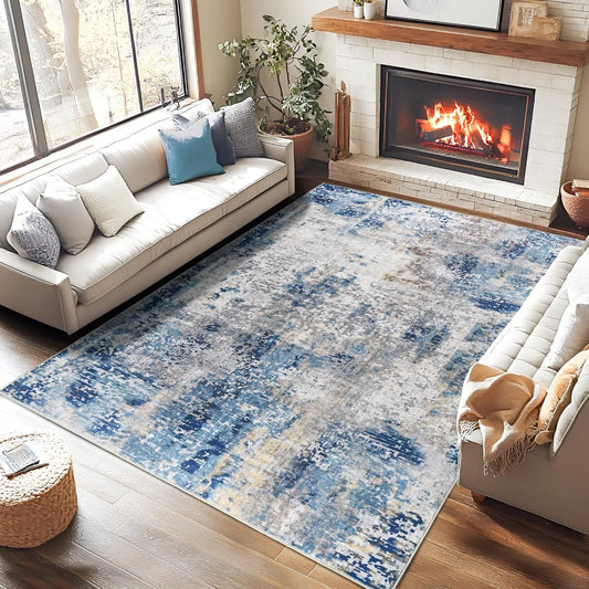 Modern Abstract Boho Vintage Area Rug – Soft, Large, Machine Washable, Non-Slip Low Pile Carpet for Living Room & Home Décor