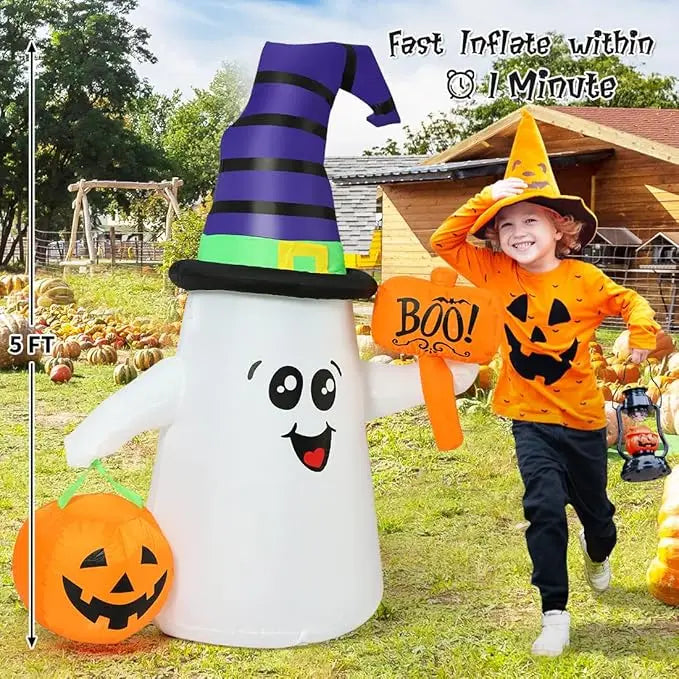 GOOSH 5FT Halloween Inflatable Ghost – Outdoor Blow Up Yard Decoration with Pumpkin, Cute Wizard Design, and Built-In LED Lights