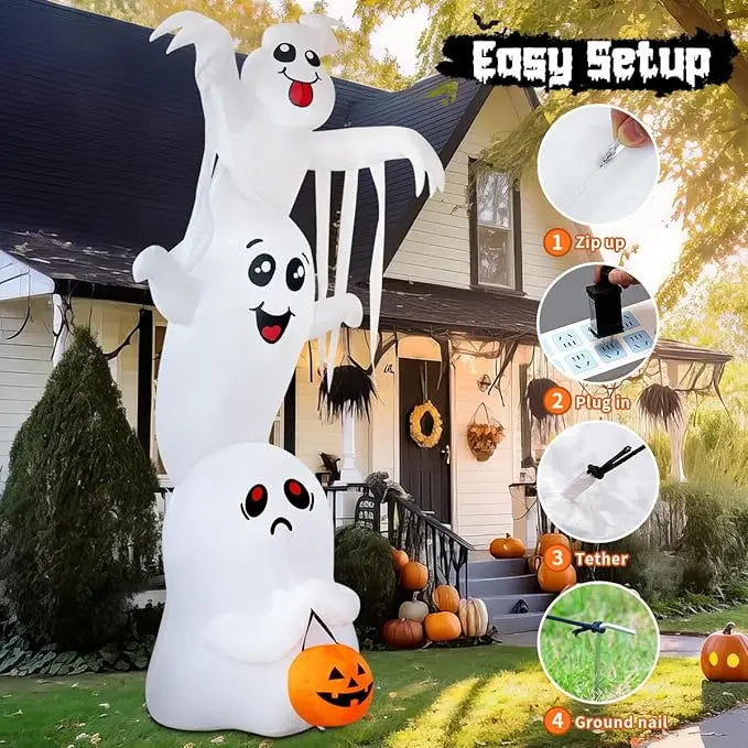 GOOSH 9.8 FT Halloween Inflatable Overlapping Ghosts – Outdoor Blow-Up Yard Decoration with Built-in LED Lights