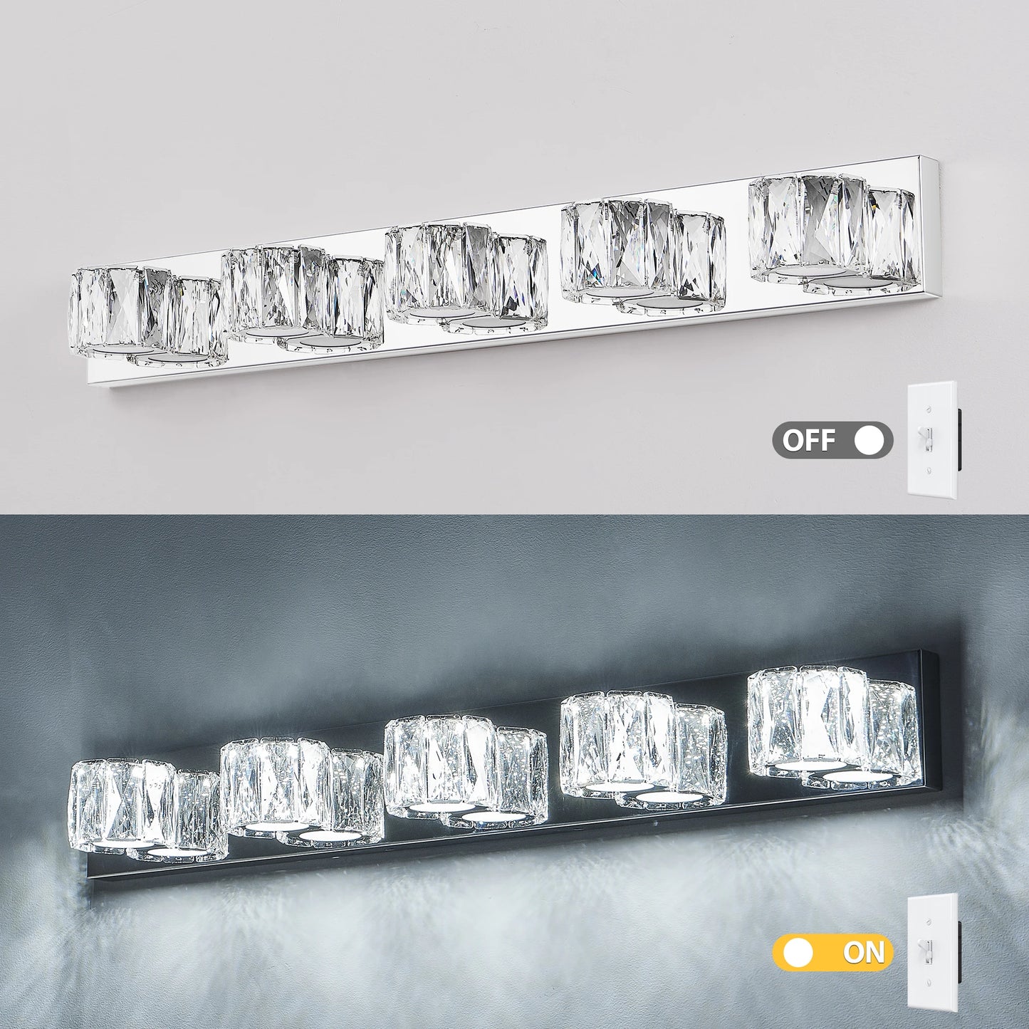 35" Modern Crystal 5-Light LED Wall Sconce – Elegant Chrome Bathroom Vanity Light with Clear Crystal Shades for Bathroom & Bedroom