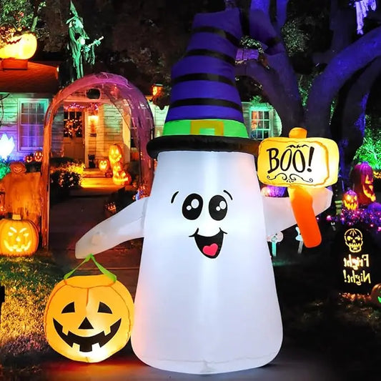 GOOSH 5FT Halloween Inflatable Ghost – Outdoor Blow Up Yard Decoration with Pumpkin, Cute Wizard Design, and Built-In LED Lights