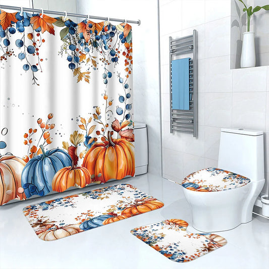 Thanksgiving Shower Curtain Set – 4-Piece Autumn Bathroom Decor with Hooks, Rugs & Mats