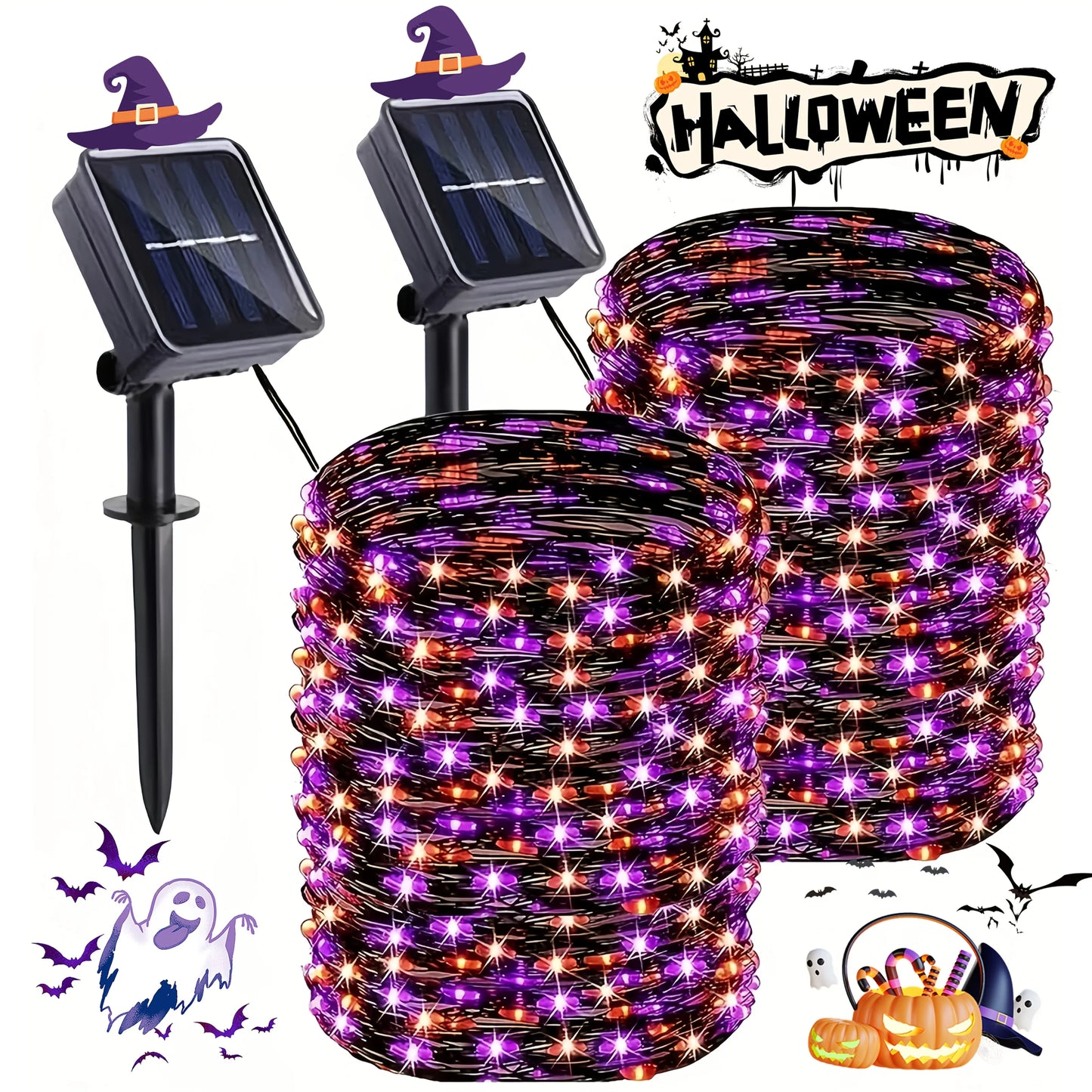 Purple & Orange Solar Halloween Lights – Spooky Yard Decor for Haunted Houses, Ghosts, Trick-or-Treat & Halloween Parades