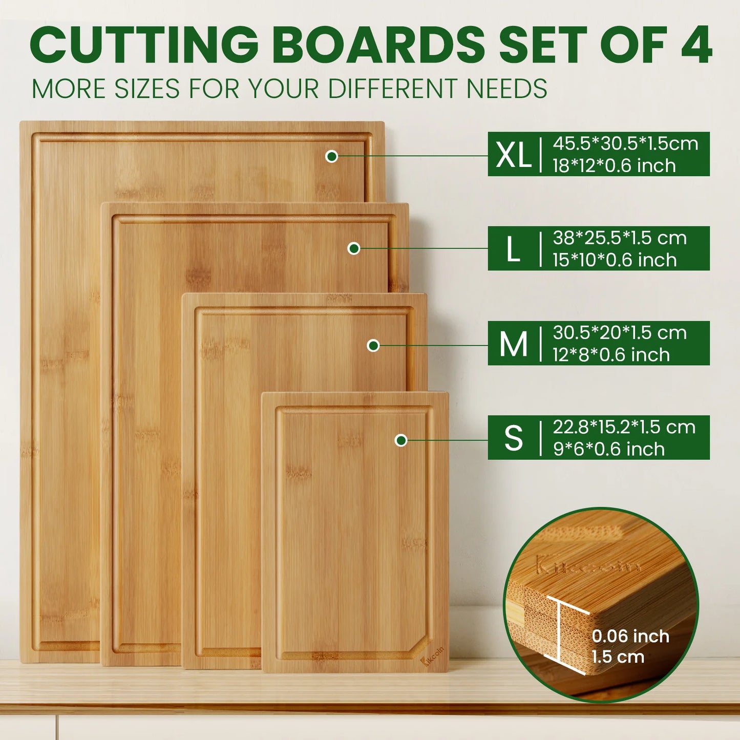 4-Piece Extra Large Bamboo Cutting Board Set – Heavy-Duty Kitchen Boards with Juice Groove & Built-In Handles