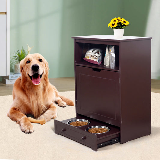 Pet Feeder Station with Storage Cabinet – Waterproof MDF Wood Dog & Cat Feeder with Stainless Steel Bowls