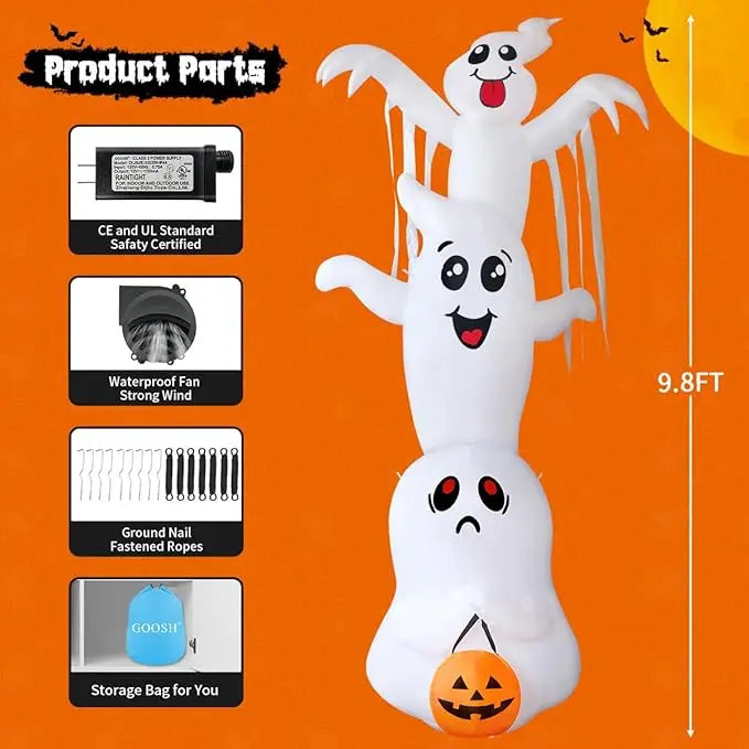 GOOSH 9.8 FT Halloween Inflatable Overlapping Ghosts – Outdoor Blow-Up Yard Decoration with Built-in LED Lights