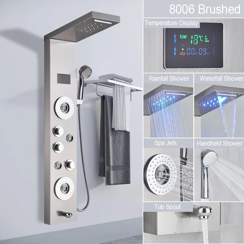 LED Shower Panel Tower System with Waterfall & Rainfall β Digital Display SPA Shower Faucet Set with Massage Jets & Mixer Tap