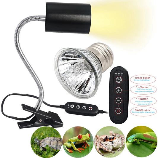 Reptile Heat Lamp Bulb with Clip-On Fixture – Dimmable UVA/UVB Basking Light for Turtles, Tortoises, Lizards & Amphibians with Timer Function