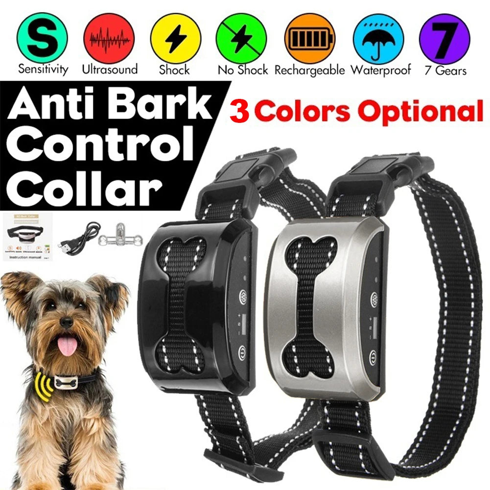 Rechargeable Waterproof Anti-Bark Collar for Dogs – Humane Ultrasonic & Shock Stop Device – USB Electric Safe Bark Control Guard