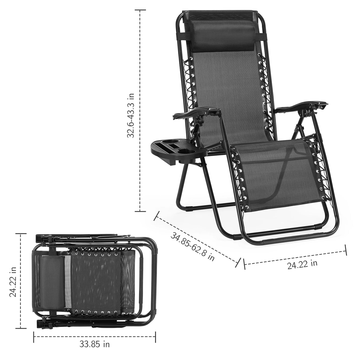 JHK Zero Gravity Lounge Chair Set of 2 – Portable Recliner Chairs with Cup Holder Trays & Adjustable Headrests for Patio, Camping, Garden, or Poolside
