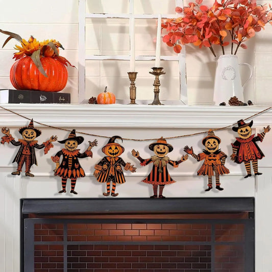 2D Halloween Wooden Hanging Ornaments β Retro Pumpkin & Ghost Bunting Garland for Spooky Festival Atmosphere