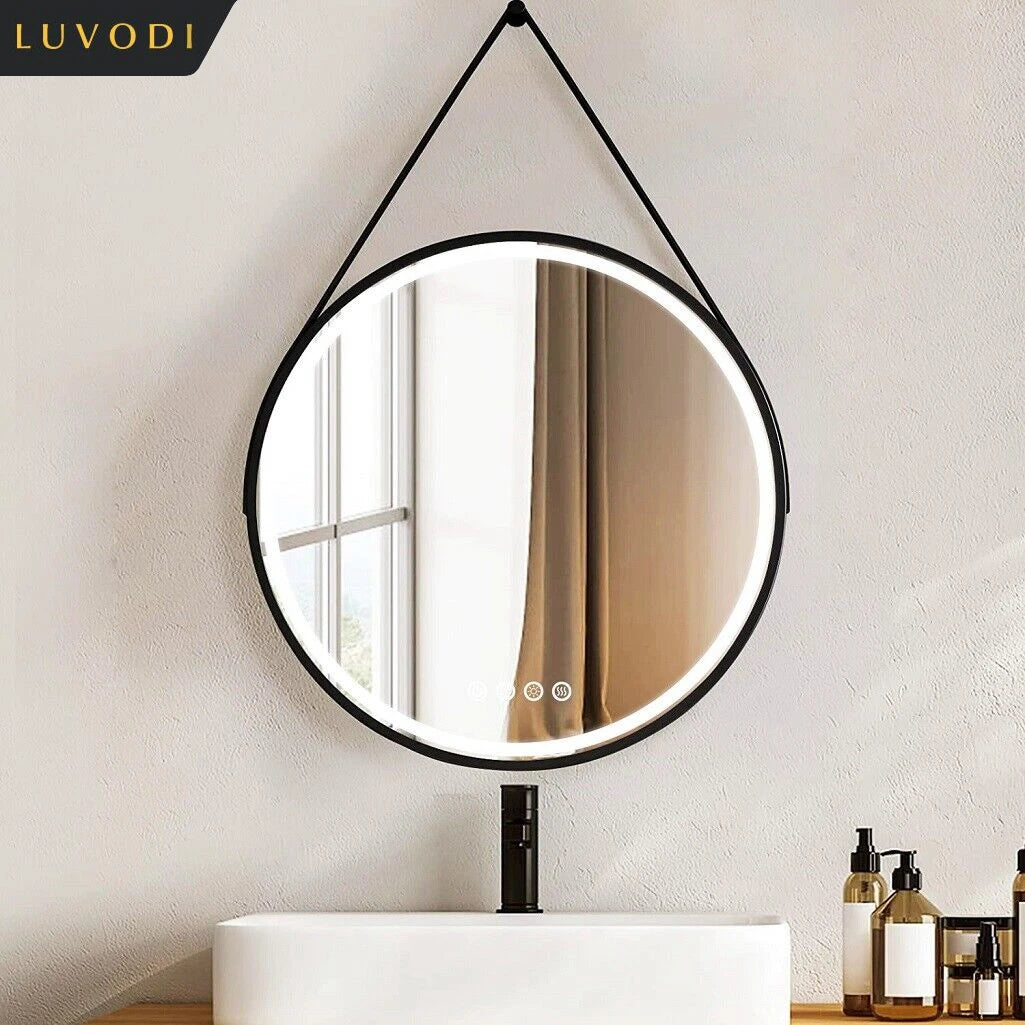 LUVODI Round Dimmable LED Bathroom Mirror – Fogless Smart Mirror with Black Gold Frame & Detachable Hanging Rope