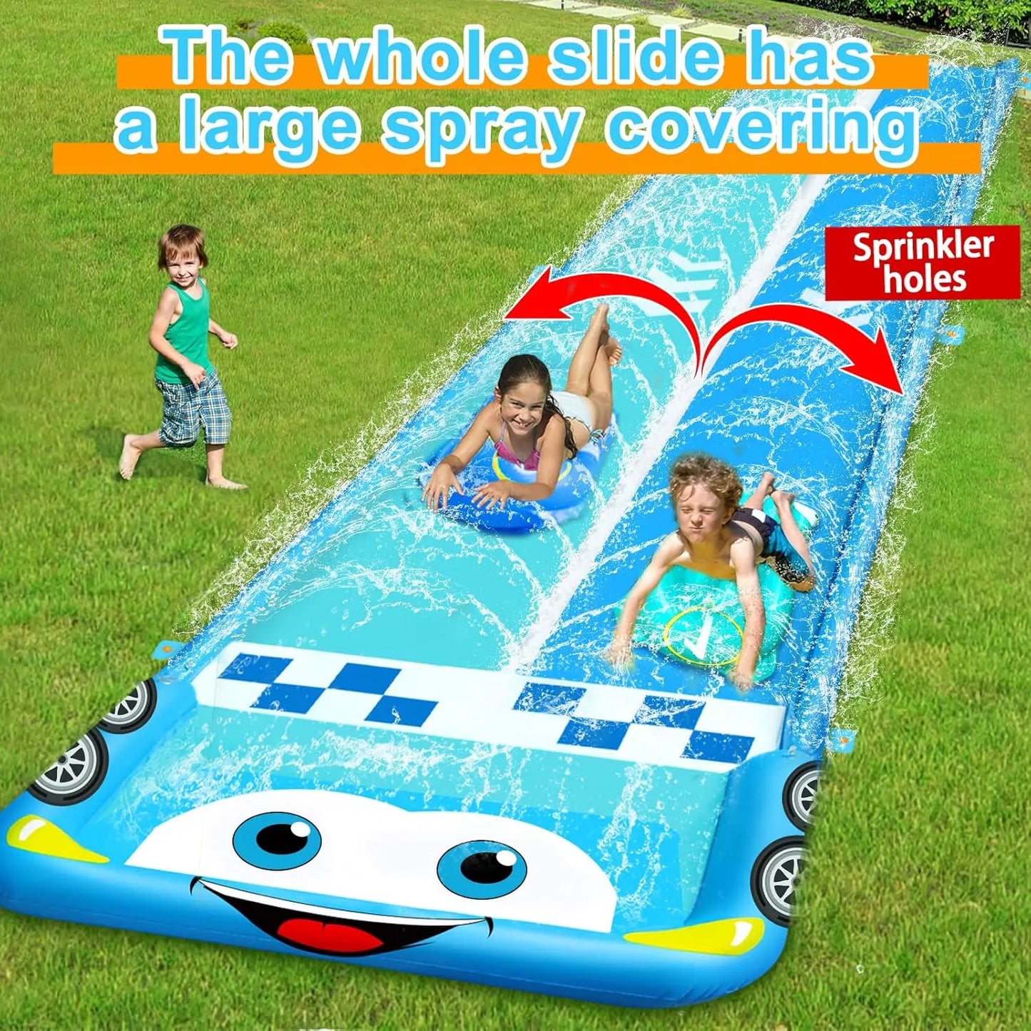 33.3FT Extra Long Double Lane Water Slide for Kids – Race Car Lawn Slip & Splash Slide with 2 Bodyboards and Safety Fence for Outdoor Summer Fun