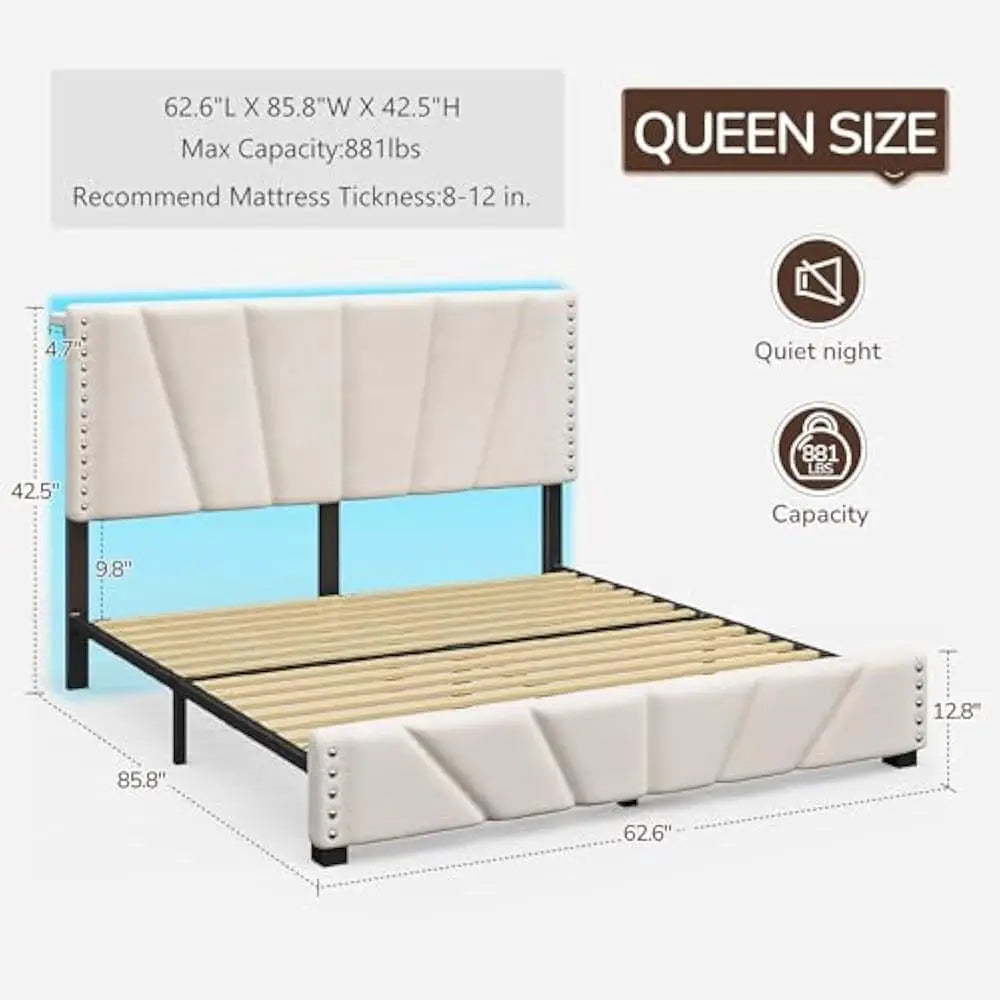 LED Velvet Bed Frame with Storage Headboard & Charging Station – Modern Upholstered Platform Bed with Sturdy Wood Slats, No Noise, Easy Assembly