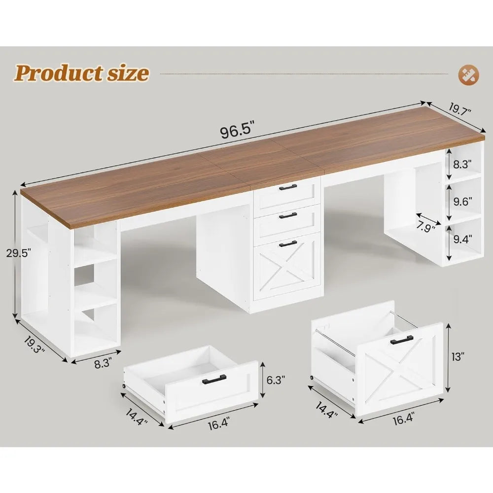 Farmhouse 96.5" Computer Desk with Drawers – Spacious Double Desk for 2 People with Storage Shelves – Long Home Office & Gaming Workstation