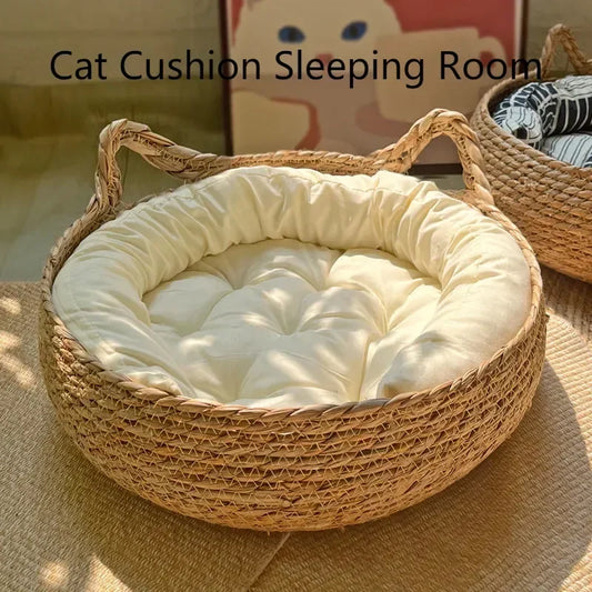 Four Seasons Handmade Woven Vine Cat Nest – Detachable, Washable Pet Bed with All-Season Cushion for Cats & Small Pets