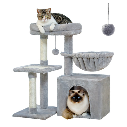 CozyCat™ 2-in-1 Cat Tree Tower – Indoor Cat Activity Center with Scratching Posts, Big Hammock & Removable Top Perch (Grey)