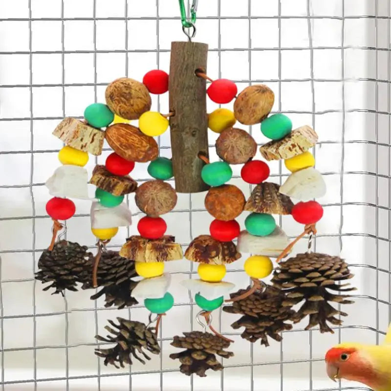 Bird Toys for Parrots – Multicolored Parrot Chewing Toy with Natural Wooden Blocks & Nuts, Hanging Bite Pendant for Parakeets, Cockatiels, Macaws, and Conures