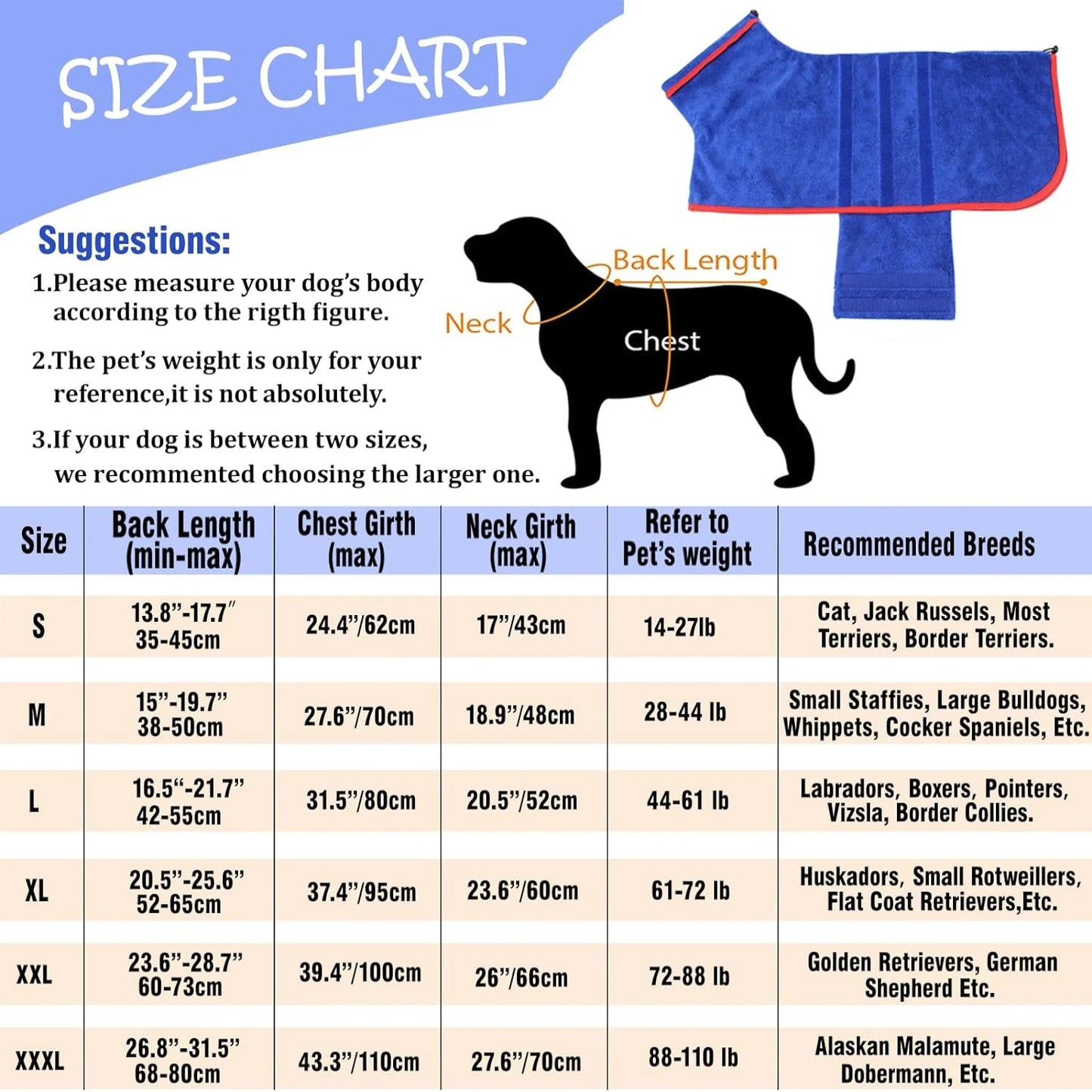 Super Absorbent Microfiber Pet Towel / Robe - Adjustable Collar & Belly Strap