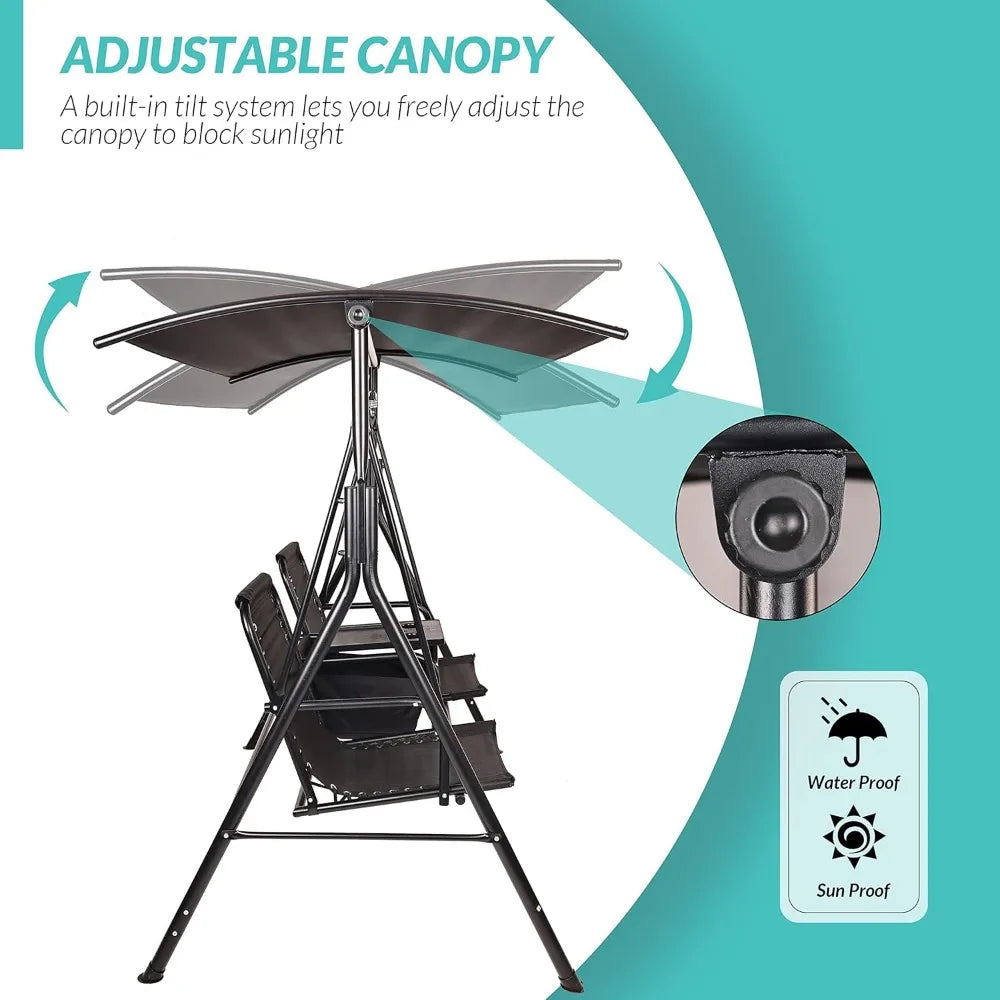2 Seat Outdoor Patio Swing Chair Outdoor Canopy Swing Glider with Pivot Storage Table, Cup Holder, Adjustable Shade