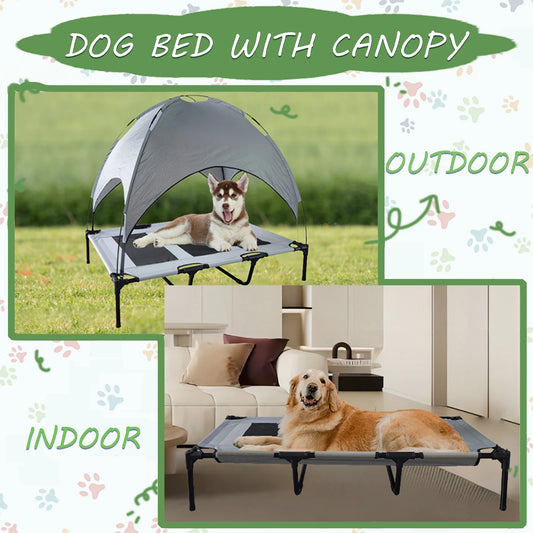 Elevated Dog Bed with Canopy – Large Portable Pet Cot with Anti-Scratch Oxford Fabric, Non-Slip Feet & Sun Shade – Indoor/Outdoor Summer Pet Lounger