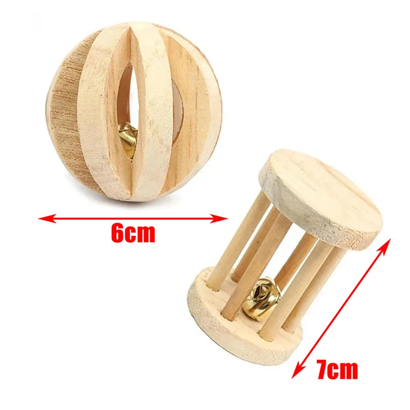 Natural Wooden Small Animal Toy Set – Chew Toys for Guinea Pigs, Rabbits, Hamsters | Dumbbells, Unicycle, Bell, Braided Balls & More