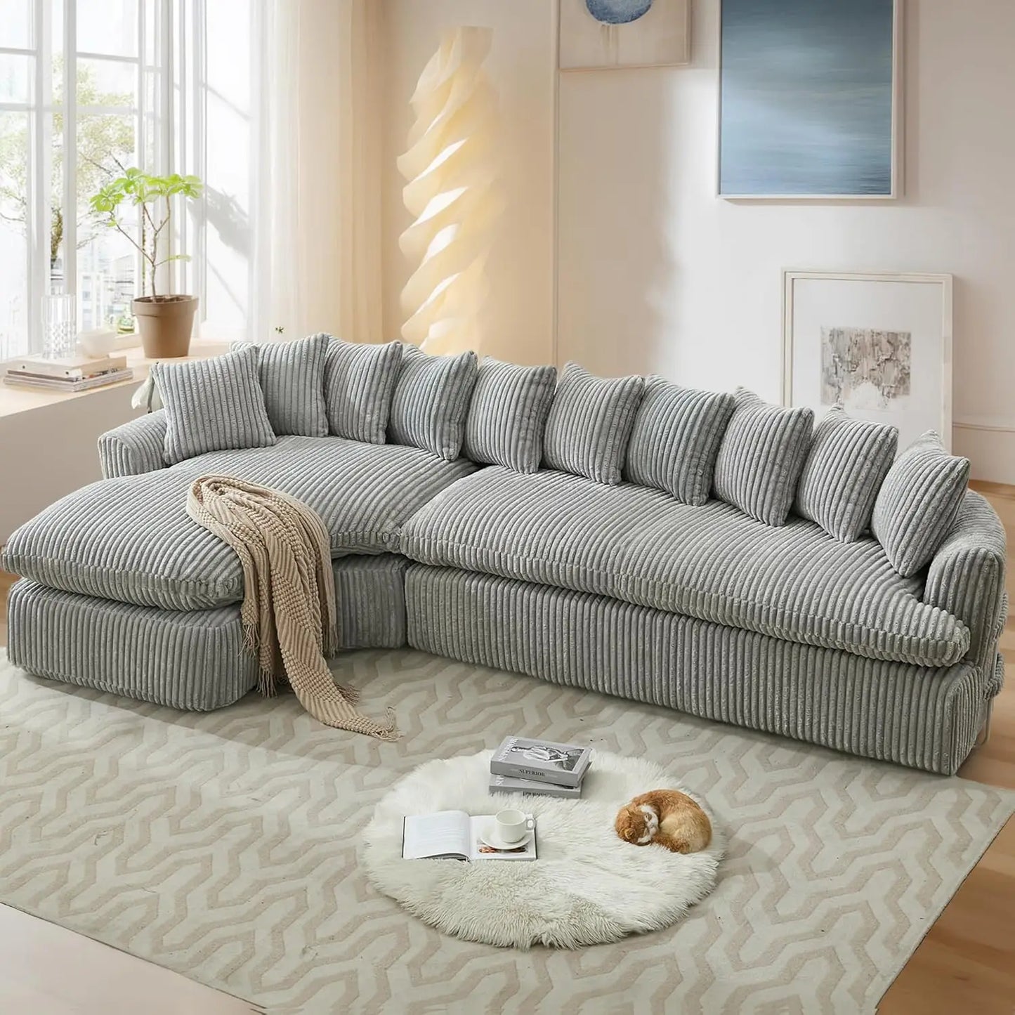 127" Cloud Corduroy Curved Sofa – Modern L-Shaped Sectional Couch for Living Room