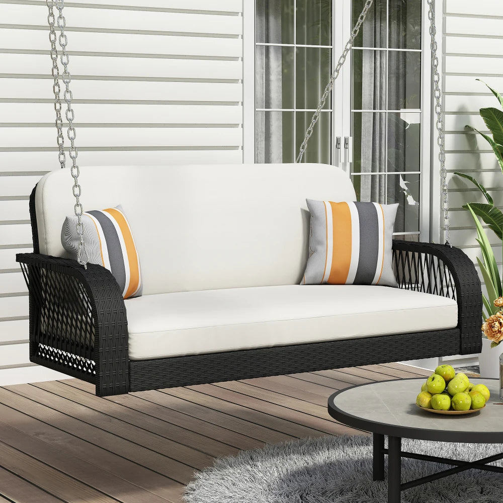 2-Seater PE Wicker Porch Swing with Hanging Chains – Outdoor Hanging Bench for Patio, Backyard, Garden, or Poolside