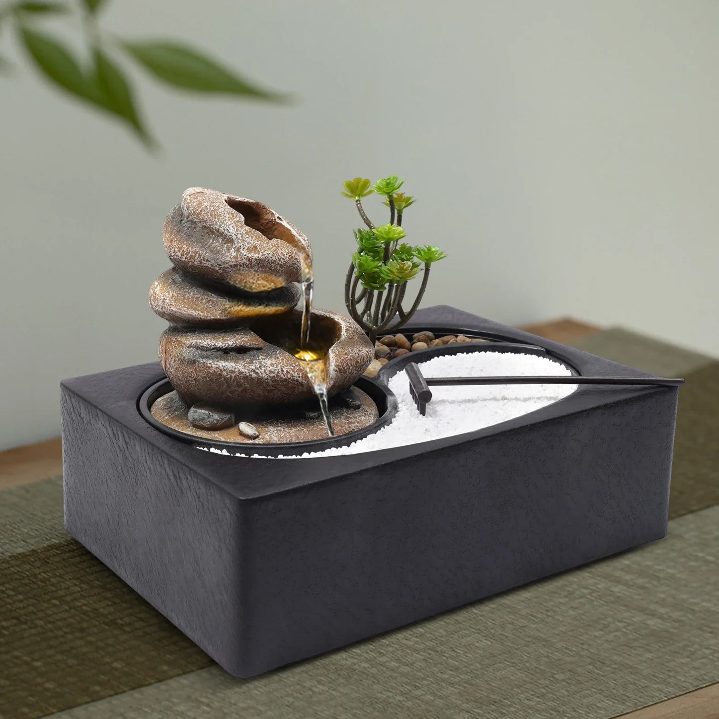Decorative Tabletop Water Fountain with LED Light – Resin Tree Design with Quiet Pump for Home or Office Décor