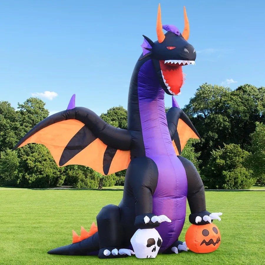 7FT Halloween Inflatable Dragon Stepping on Pumpkin & Skull – LED Lighted Blow-Up Decoration for Outdoor Holiday, Garden, or Lawn Display