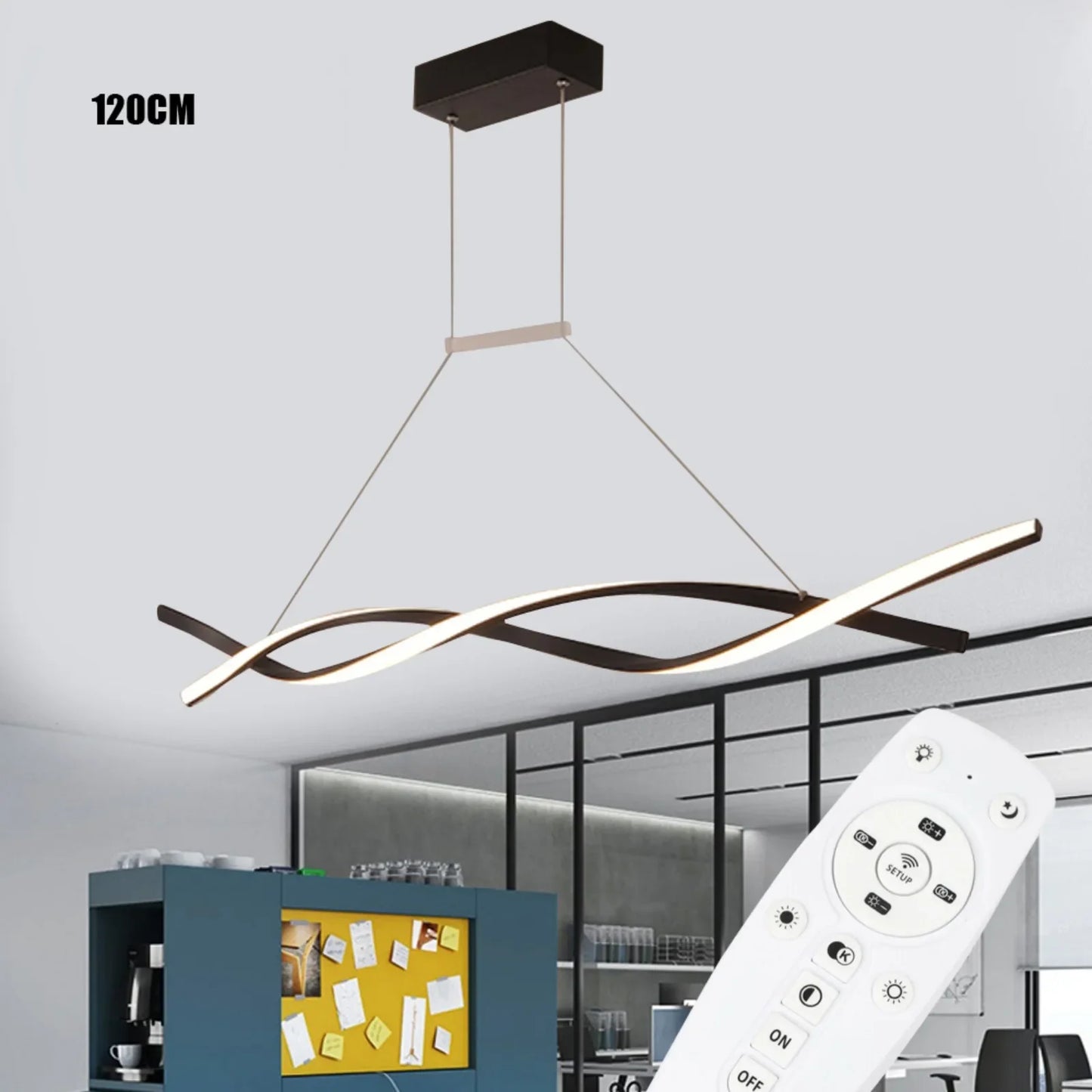 Modern Black LED Pendant Light – Remote Control Dimmable Ceiling Fixture for Dining Room, 46W, Adjustable Height