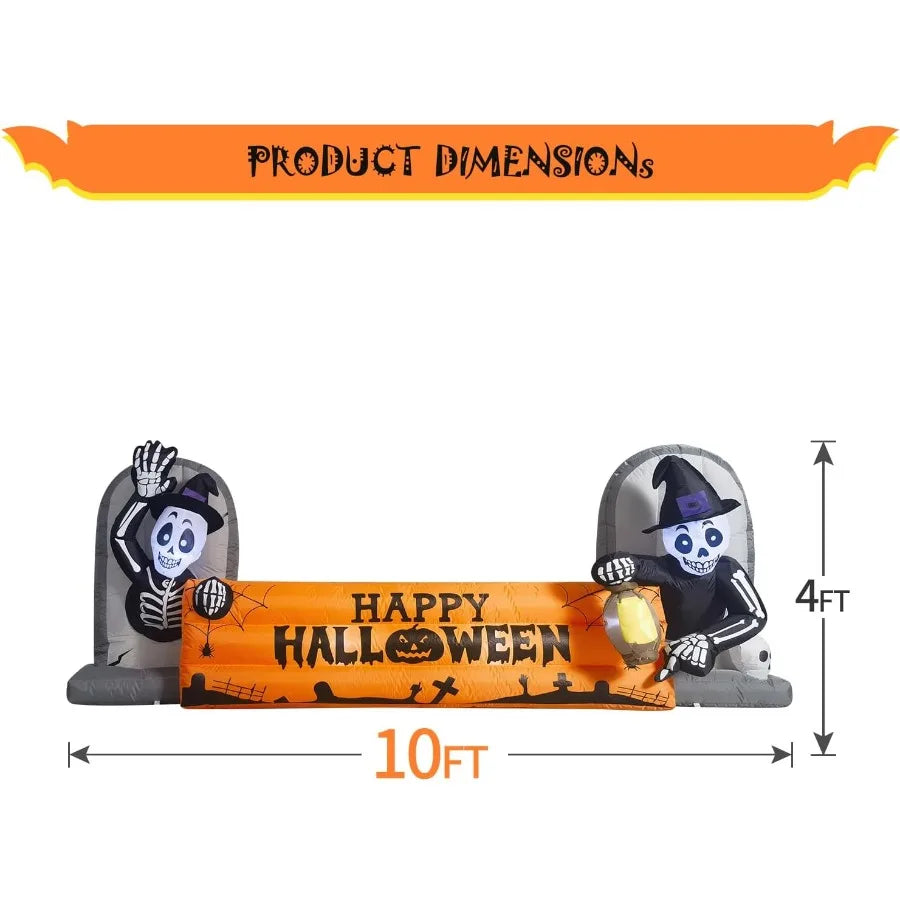 10FT Large Halloween Inflatable Skeleton Tombstone Banner – LED Lighted Blow-Up Decoration for Outdoor Holiday Party & Garden Display