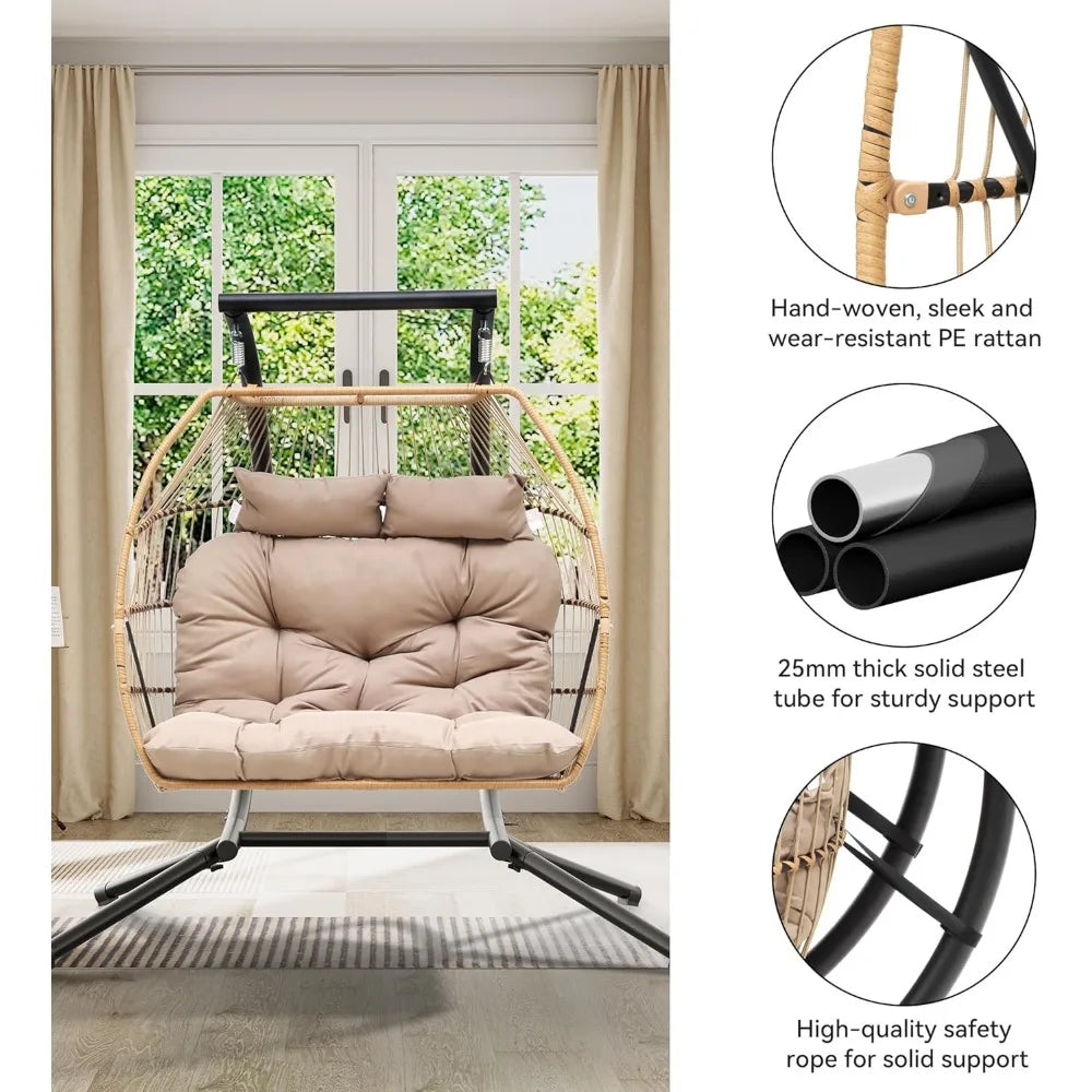 2-Person Hanging Egg Swing Chair with Stand β Wicker Hammock Chair with Cushions, 550lbs Capacity for Indoor/Outdoor Use β Patio, Garden, Bedroom Lounge