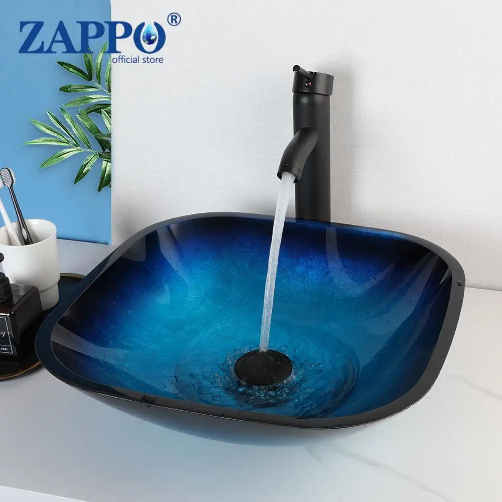ZAPPO Blue Tempered Glass Bathroom Vessel Sink with Waterfall Black Faucet – Oval Above-Counter Basin Set