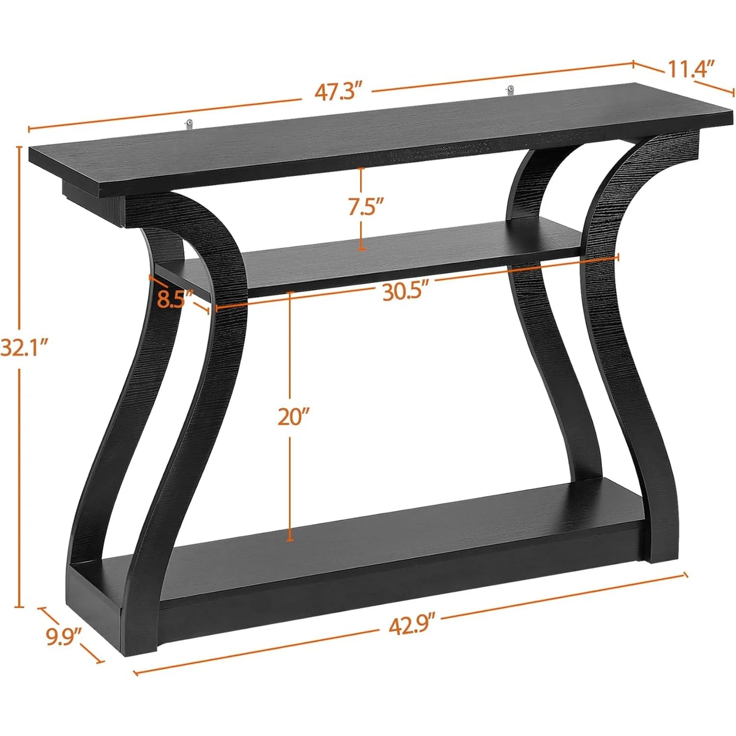 3 Tier Wood Console Table with Curved Legs and Shelf