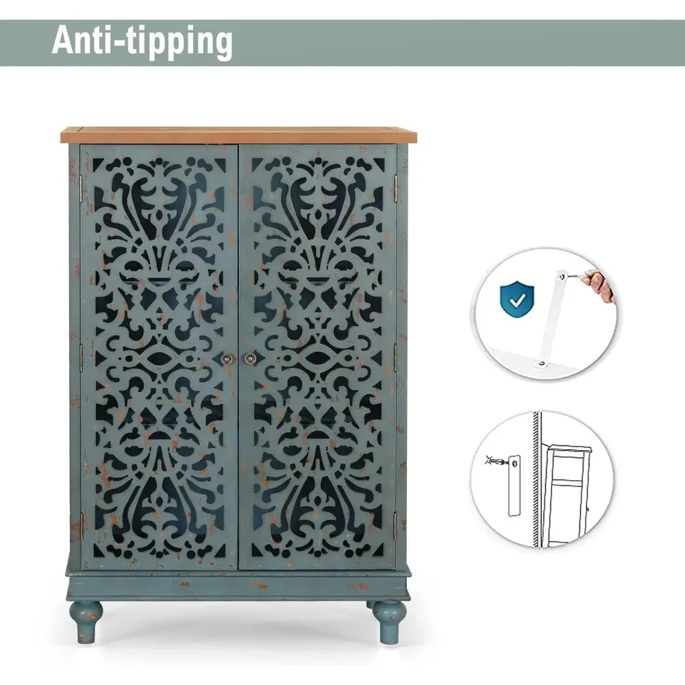 VILLA Tall Farmhouse Accent Cabinet with Hollow Carved Double Doors – Rustic Credenza for Living Room, Entryway, or Dining Storage