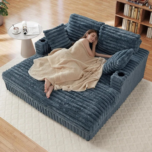 63" Plush Faux Rabbit Fur Corduroy Chaise Loveseat – USB Charging Station, Cup Holder & Pillows Included