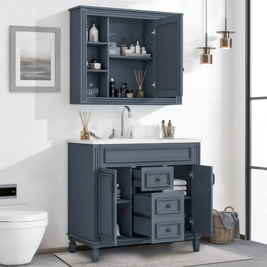 36" Bathroom Vanity Set with Integrated Resin Sink & Mirror Cabinet – Freestanding Single Basin Vanity with Storage Shelves and Drawers