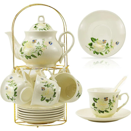 20-Piece Bone China Tea & Coffee Set with Gold Metal Rack – Elegant Porcelain Gift Set for Home, Parties, and Special Occasions (010)